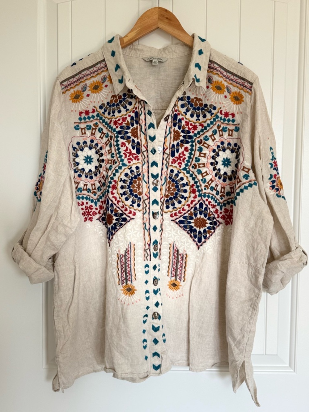 John Mark Linen Embroidered Tunic Blouse Boho Chic Artisanal Button Down Size 2X